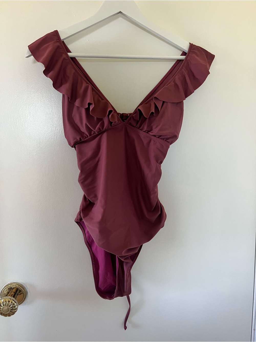 Ruffled V-Neck One-Piece Swimsuit in Burgundy